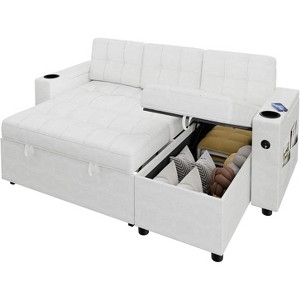 L-Shaped Sleeper Sofa Bed with Pull-Out Mattress, Storage Armrests, Cup Holders & USB, Space Saving Sectional Couch - 1 of 4