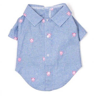 The Worthy Dog Embroidered Wilbur Pig Chambray Button Up Look Pet Shirt