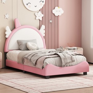 Upholstered Platform Bed With Unicorn Shape Headboard, White+Pink-ModernLuxe - 1 of 4