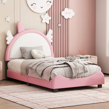 Upholstered Platform Bed With Unicorn Shape Headboard, White+Pink-ModernLuxe