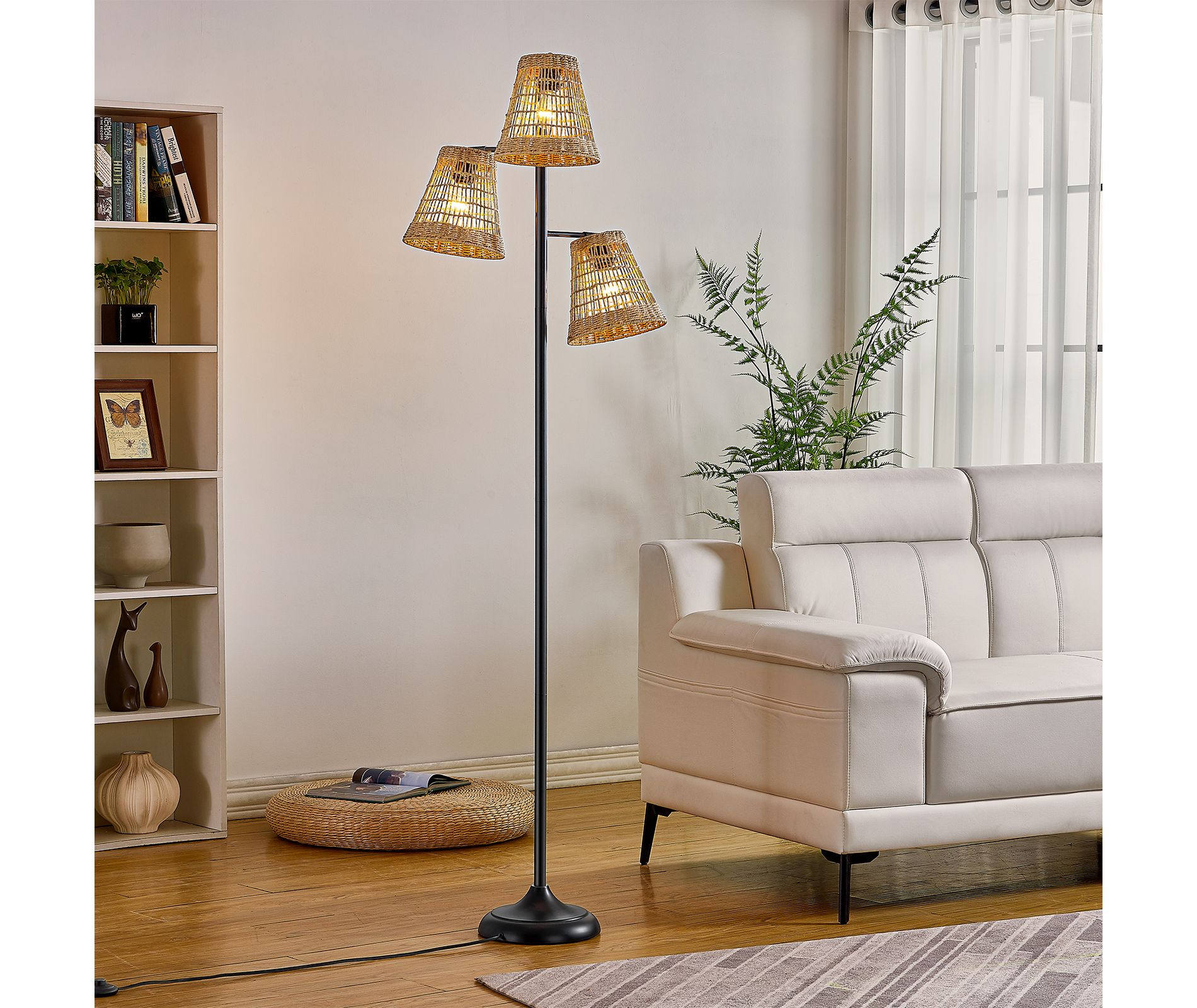 Maxax Rattan Floor Lamp， 72.25" 3-Light Adjustable Swing Arm Floor Lamp for Bedroom, Office, Home, Nursery, Hotel