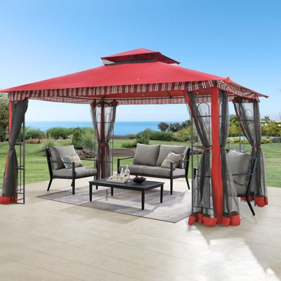 Bigget 11'x13' Outdoor Gazebo Tent with Double Roof, Patio Gazebo with Mosquito Netting, Patio Canopy for Backyard, Garden, Lawn and Deck, Red