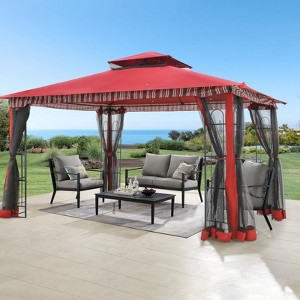 Bigget 11'x13' Outdoor Gazebo Tent with Double Roof, Patio Gazebo with Mosquito Netting, Patio Canopy for Backyard, Garden, Lawn and Deck, Red - 1 of 4