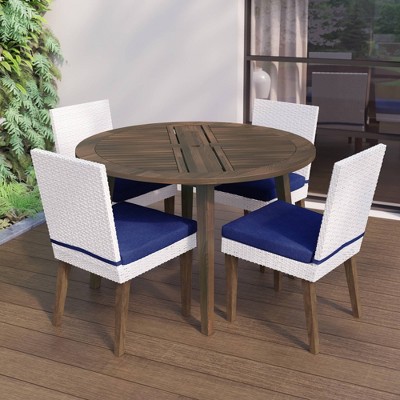 5pc Wicker & Acacia Outdoor Dining Set with 4 Dining Chairs & Cushions - Navy - TK Classics