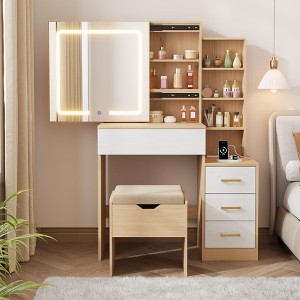 Vanity Desk with Sliding Mirror and Lights, Dressing Table with Stool and Charging Station, 3 Lighting Modes for Bedroom - 1 of 4