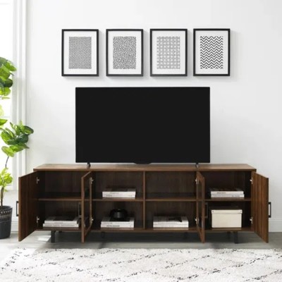 GDFStudio Orlando Modern 4-Door Herringbone Wood and Glass 70" TV Stand with Adjustable Shelves