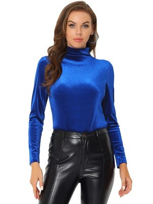 Allegra K Women's Solid Turtleneck Velvet Long Sleeve Work Basic Velour Blouse