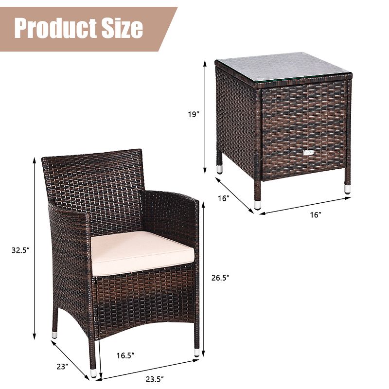 Costway Outdoor 3 PCS PE Rattan Wicker Furniture Sets Chairs  Coffee Table Garden, 3 of 12