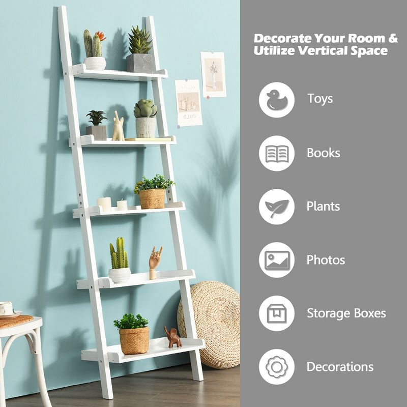 Costway Versatile White 5-Tier Bookshelf Leaning Wall Shelf Ladder  Bookcase Storage Display Furni, 4 of 11