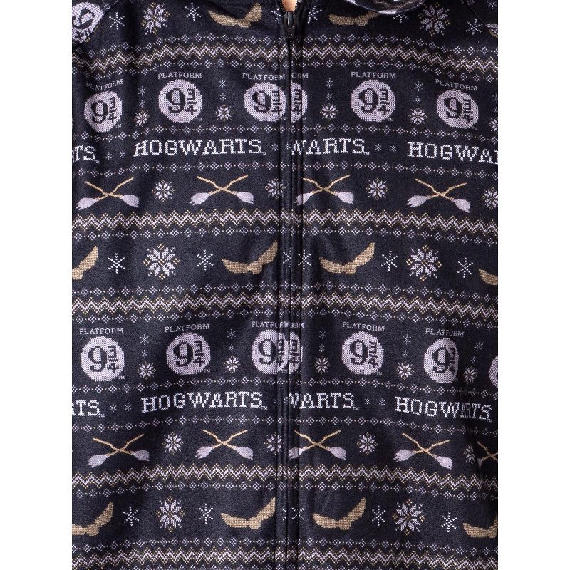 Harry Potter Mens' Hogwarts Christmas Sweater Hooded Union Suit Pajama Black, 3 of 6