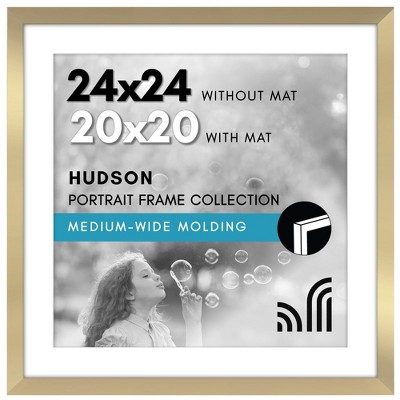 Americanflat 24x24 Picture Frame with Polished Plexiglass - 20x20 with Mat or 24x24 Without Mat - Hudson - Wide Square Frames - Gold