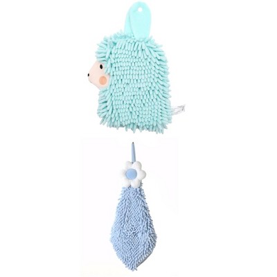REGALWOVEN Soft Absorbent Flower Pattern and Sheep Pattern Chenille Hand Towel with Loop 6" x 15"/7" x 11" 2 Pcs
