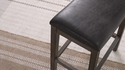 Weathered Oak Backless Saddle Bar Stools with Vegan Leather, Set of 2