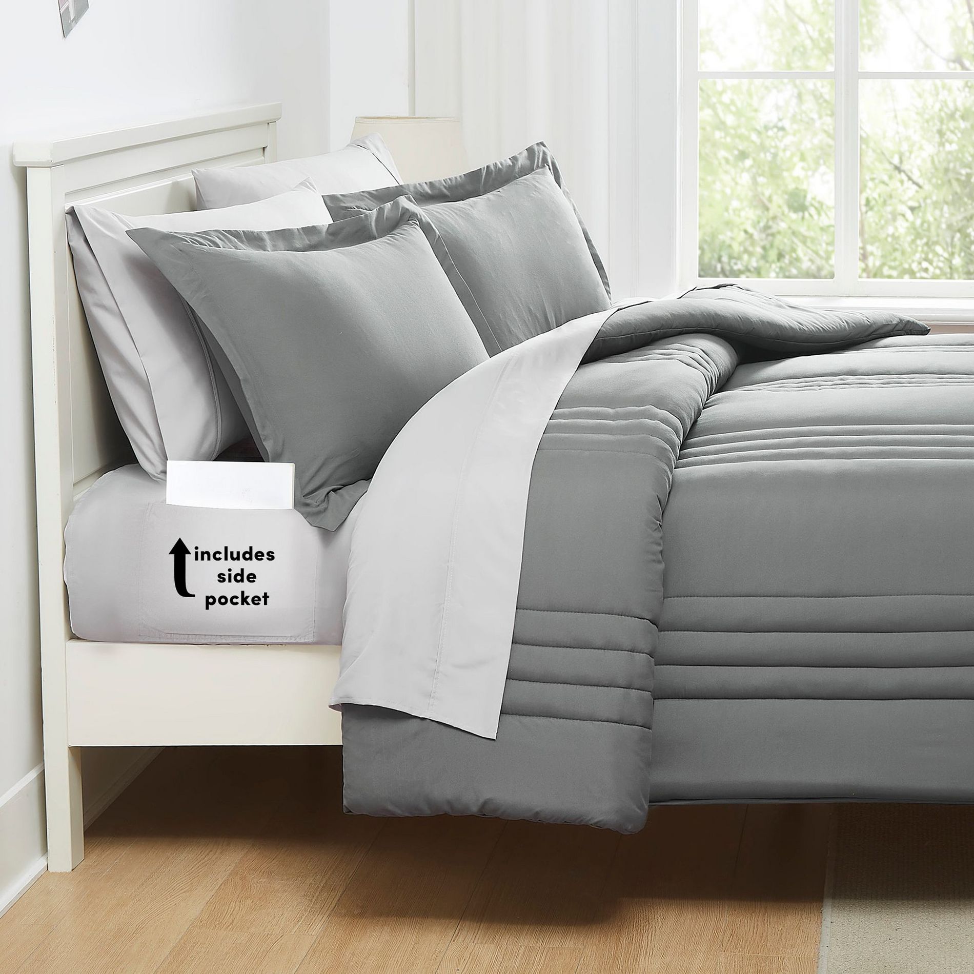 8 Piece Quilted Solid Stripe Comforter, Sheet Set and Mattress Protector Bedding Bundle by Sweet Home Collection®