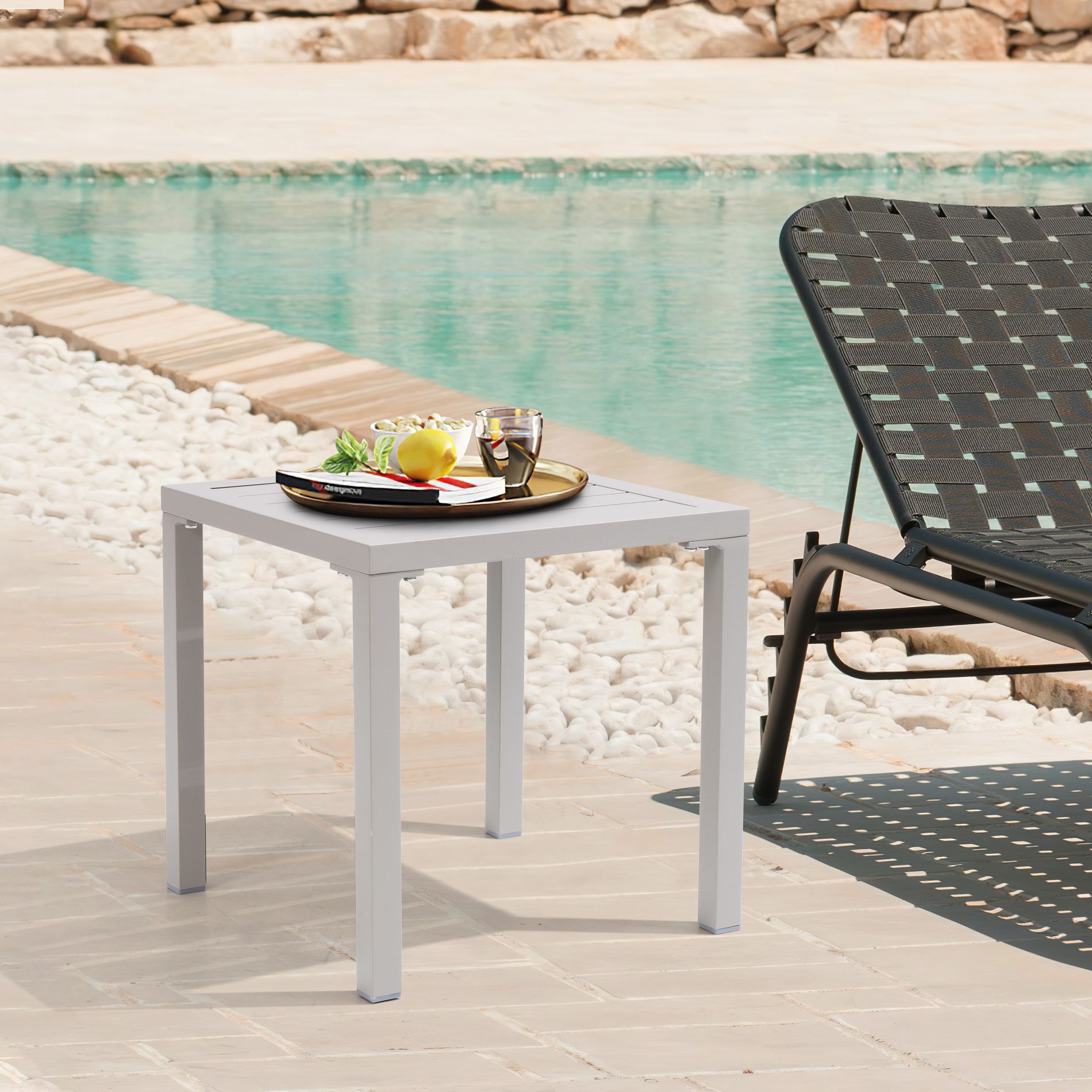 Pellebant Outdoor Aluminum Side Table, Weather-Resistant Patio Coffee Table Beige