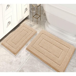 Home Mart Goods Beige 2 Piece Bordered Box Plush Soft Cozy 100% Polyester Bath Mat Set - 1 of 3
