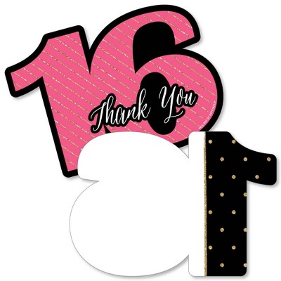 Big Dot of Happiness Chic 16th Birthday - Pink, Black & Gold - Shaped Thank You Cards - Birthday Party Thank You Note Cards with Envelopes - Set of 12