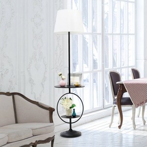 Bedside Nightstand End Table Dual Shelf Decorative Floor Lamp Black - Elegant Designs: Modern Metal with Linen Shade, ETL Listed - 1 of 4
