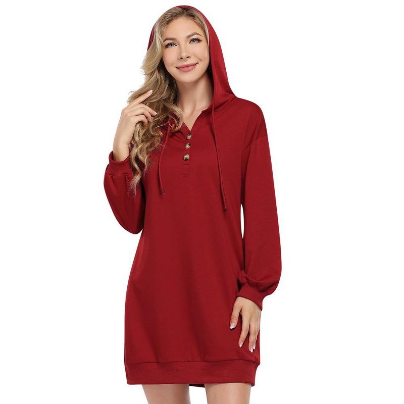 WhizMax Hoodies for Women Long Sleeve Sweatshirt Button Drawstring Casual V-neck Hoodie Dress, 3 of 8