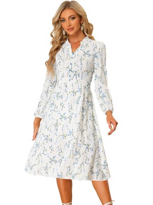 INSPIRE CHIC Women's Floral Print Long Sleeve Back Tie Flowy Midi Boho Dress