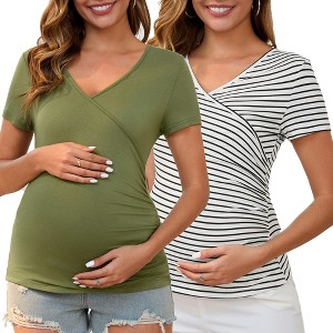 INSPIRE CHIC 2 Pcs Women's Soft Material Faux Wrap Side Ruched Cross V Neck Maternity Top - 1 of 4