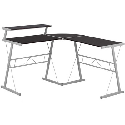 Vynxaria Modern L-Shaped Corner Computer Desk Brown Laminate Grey Metal Frame for Home Office Laptop Work
