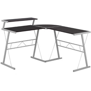Vynxaria Modern L-Shaped Corner Computer Desk Brown Laminate Grey Metal Frame for Home Office Laptop Work - 1 of 4