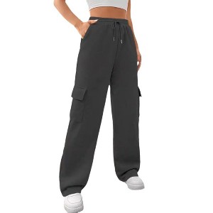 Coolmee Women's Wide Leg Solid Pants Straight Fit with 4 Pockets Adjustable Tie Knot Elastic Waist Pants Lightweight Loose Lounge Trousers S Black - 1 of 4