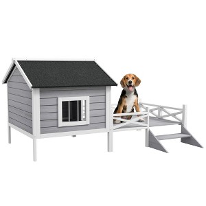 PawHut Small/Medium Dog House with Porch for Expansive Size, Wooden Elevated Dog Shelter, 67" - 1 of 4