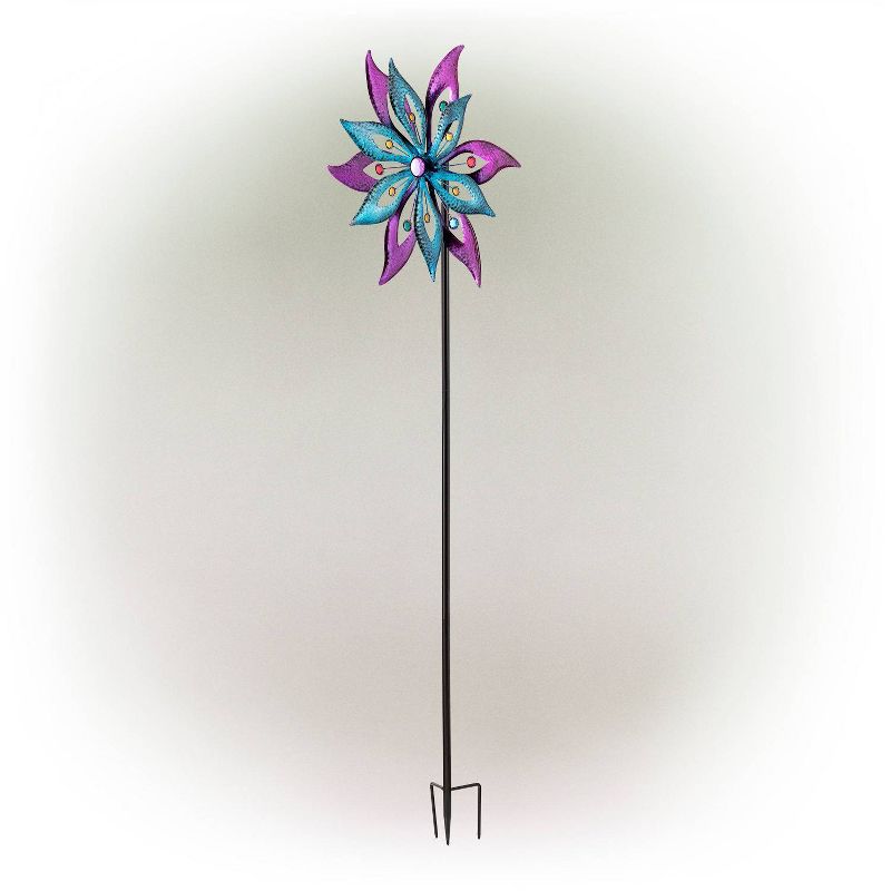 64&#34; Jeweled Colorful Metal Dual Floral Wind Spinner Garden Stake Aqua/Purple - Alpine Corporation, 4 of 8