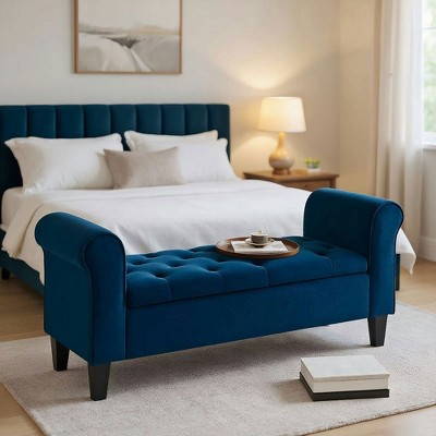 Resenkos Button-Tufted Storage Ottoman Bench - Upholstered Bench with Rolled Armrests, for Living Room/Hallway,