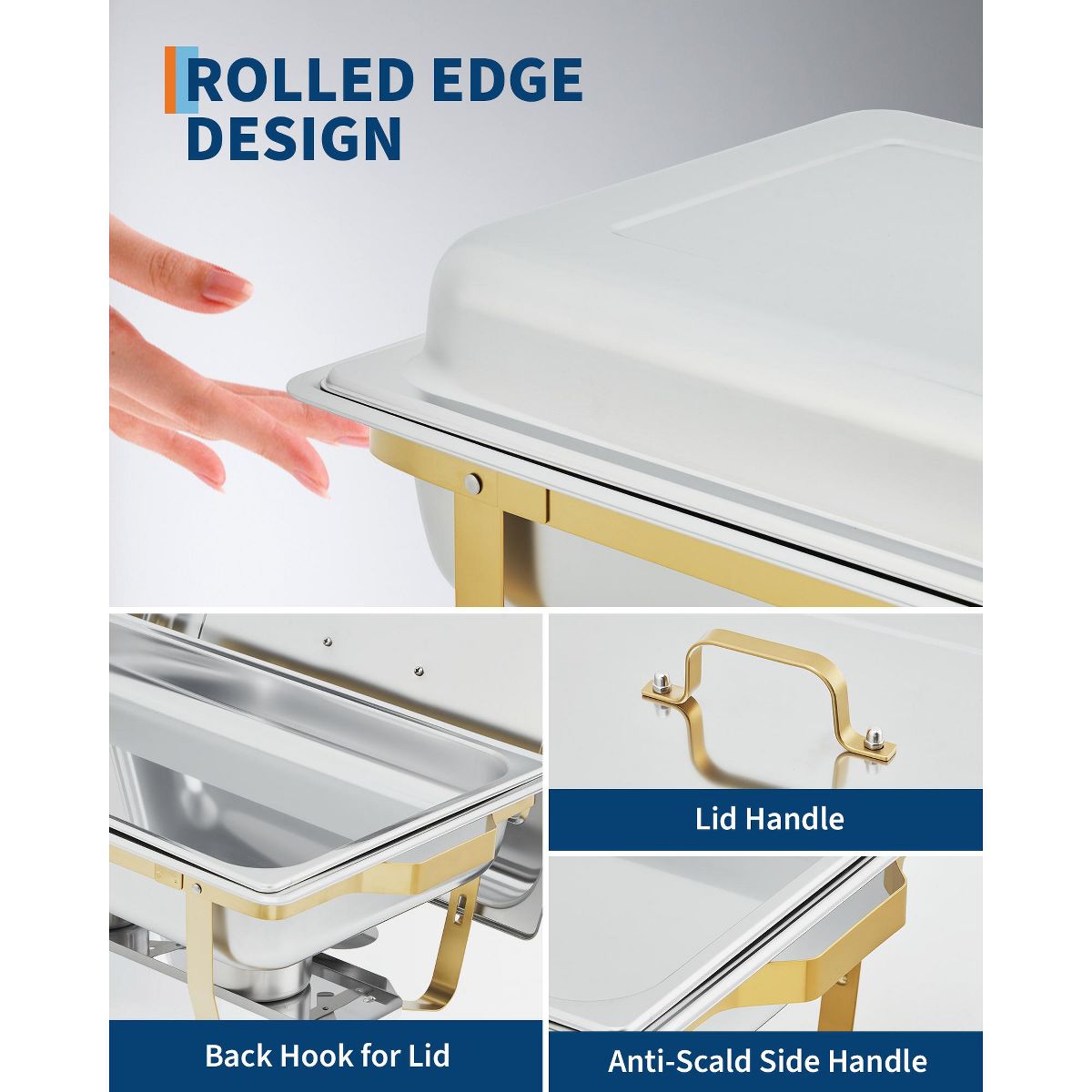 Chafing Dishes for Buffet Set, 8QT Buffet Servers and Warmers Set with Lid & Foldable Frame, Rectangular Stainless Steel Chafer Food Warmer - thumbnail 3