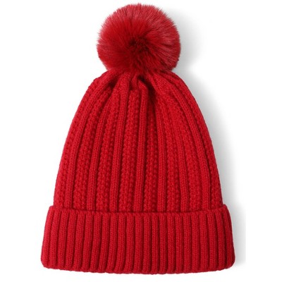 Thedappertie Women's Red Solid Color 100% Acrylic Knit Hat With Pom And ...