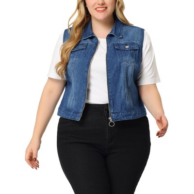 Agnes Orinda Women's Plus Size Trucker Zipper Front Sleeveless Sport Crop Denim Vests