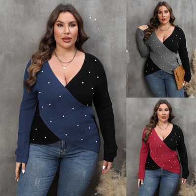 Garvee Women Plus Size Sexy Deep V Neck Long Sleeve Stitching Pearl Contrast Color Cross Beaded Sweater Tops
