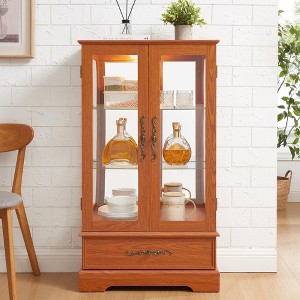 ORRD 2-Door 1-Drawer Dark Oak Curio Display Cabinet – Lighted (Bulb Included), Adjustable Glass Shelves - 1 of 4