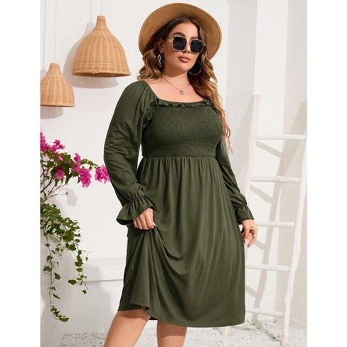 Anna-Kaci Women's Plus Size Shift Dress - Long Sleeve Smocked Back Loose Swing Tunic, Knee Length