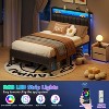 Furnulem full size bed frame with charging station and LED light, gray upholstered headboard, two-tier storage shelves, no spring mattress required - 4 of 4