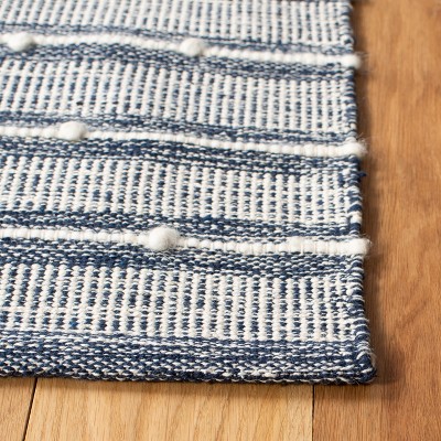 Handwoven Navy Blue Striped Kilim Square Wool-Cotton Rug