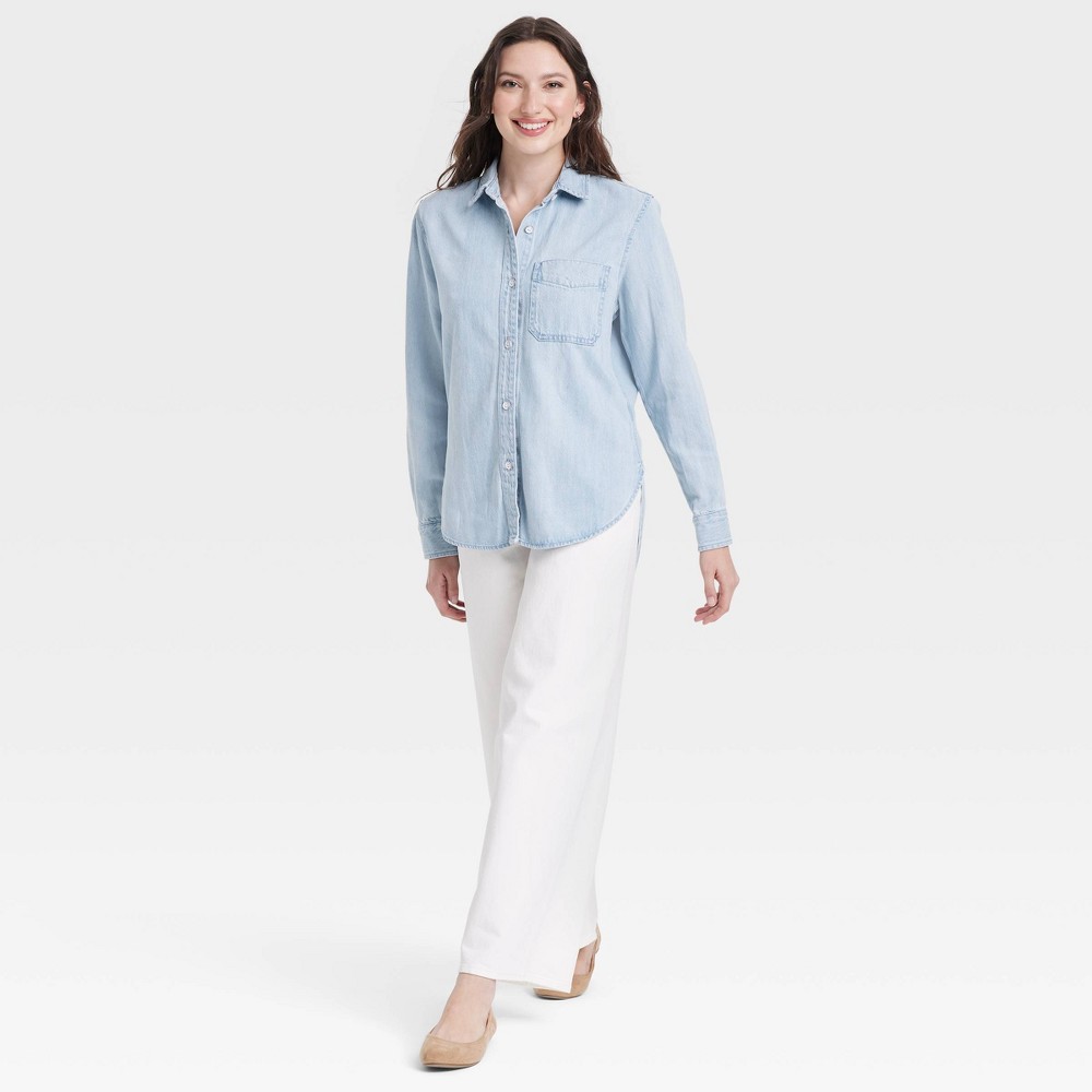 Women's Relaxed Fit Denim Button-Down Shirt - Universal Thread™ Light Wash XS: Midweight, Front Pocket, Collared