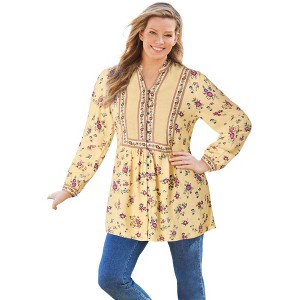 Woman Within Plus Size Button-Front Mixed Print Tunic - 1 of 4