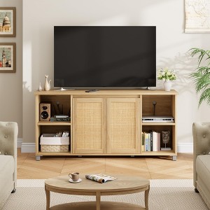 Mid-Century 70" TV Stand, Entertainment Center with Rattan Door Cabinet & Open Shelf - 1 of 4