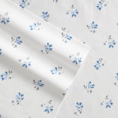 King Blue Floral Cotton Percale Deep Pocket Sheet Set
