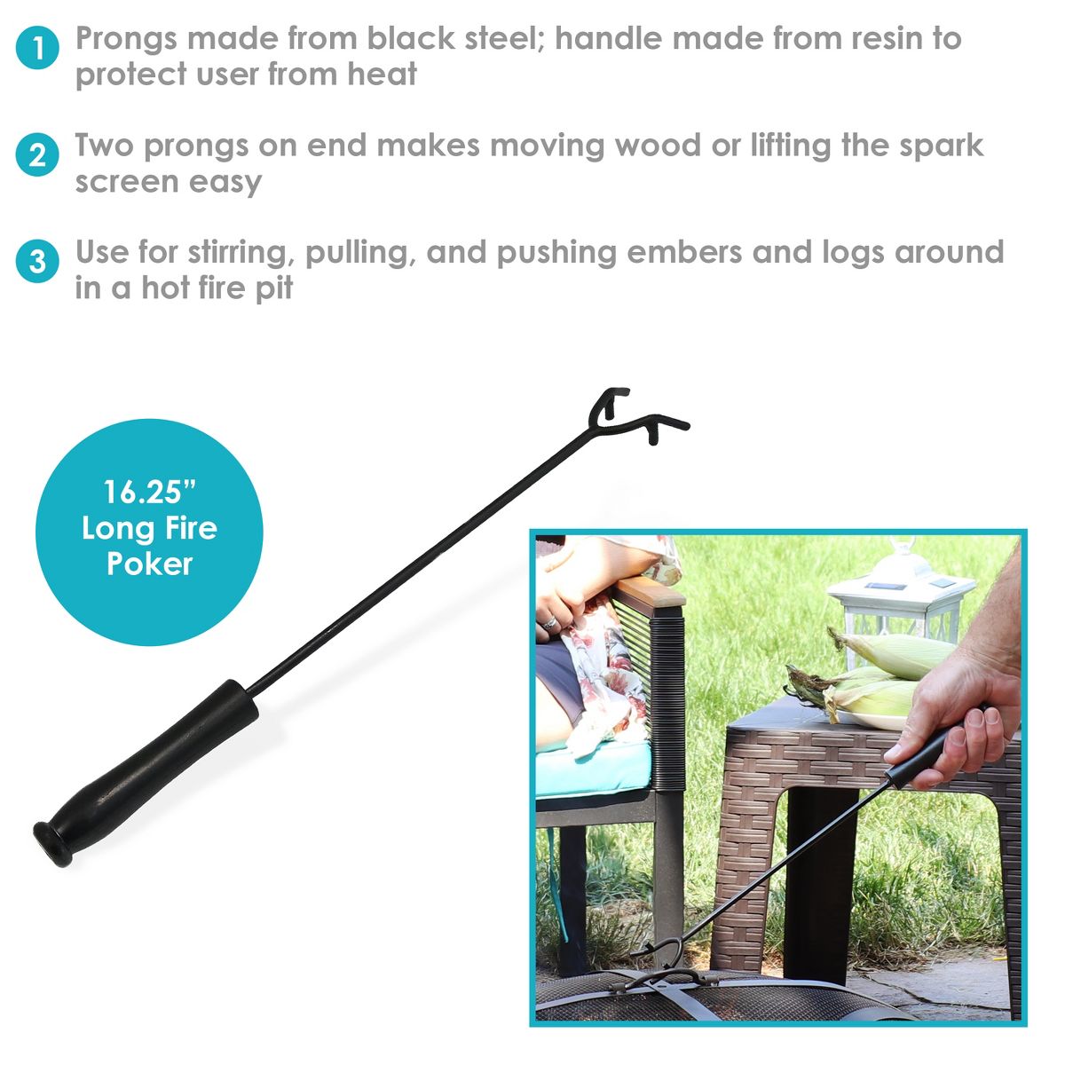 Sunnydaze Steel Camp Fire Pit or Fireplace Log Poker Stick Tool with Heat-Resistant Handle - 16" - thumbnail 2