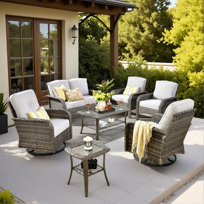 XIZZI Outdoor Patio Swivel Chair Conversation Set, 3/5/7/8 Piece Sofa Sets w/ Side Table, 360° Swivel Seats & Optional Coffee Table/Loveseat