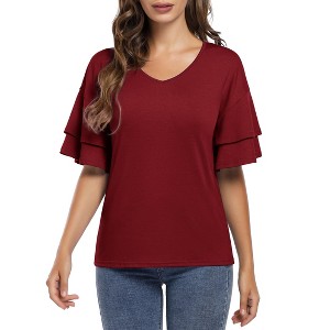 BLUEMING Womens Flutter Elbow Sleeve Shirts V Neck Tee Blouse Pagoda Sleeve T-Shirts Summer Tee Blouse Flowy Tops - 1 of 4