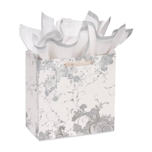 Floral Beverage Gift Bag With Four Sheets Of Tissue Paper Bundle White -  Papyrus : Target