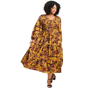 Avenue Women's Plus Size Indi Puff Sleeve Shirred Dress - 1 of 4