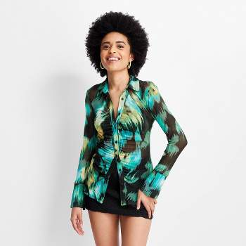 Women's Floral Print Long Sleeve Collared Mesh Button-Up Shirt - Future Collective™ with Gabriella Karefa-Johnson Black/Blue