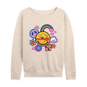Women's - Peanuts - Woodstock Peace And Love Flair Lightweight French Terry Wide Neck Long Sleeve Shirt - 1 of 4